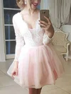 A-line V-neck Tulle Short/Mini Short Prom Dresses With Lace #Favs020020111293