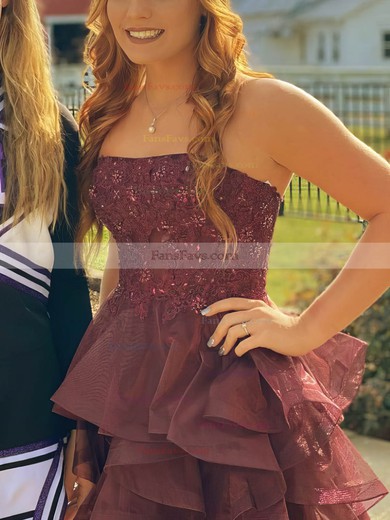 A-line Strapless Organza Short/Mini Appliques Lace Short Prom Dresses #Favs020020108985