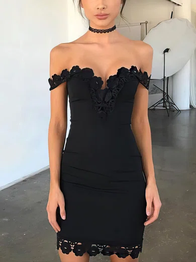 Sheath/Column Off-the-shoulder Jersey Short/Mini Short Prom Dresses With Lace #Favs020020111296