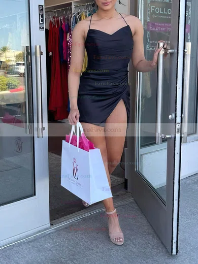 Sheath/Column V-neck Silk-like Satin Short/Mini Short Prom Dresses With Split Front #Favs020020109907