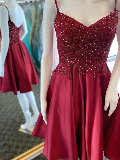 A-line V-neck Satin Short/Mini Short Prom Dresses With Lace #Favs020020110668