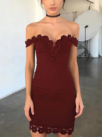 Sheath/Column Off-the-shoulder Jersey Short/Mini Short Prom Dresses With Lace #Favs020020111297