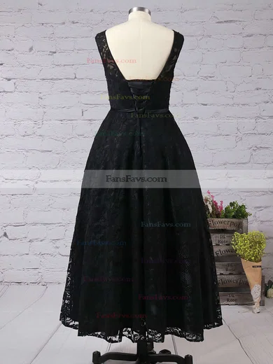 A-line Scoop Neck Lace Tea-length Sashes / Ribbons Short Prom Dresses #Favs020102877