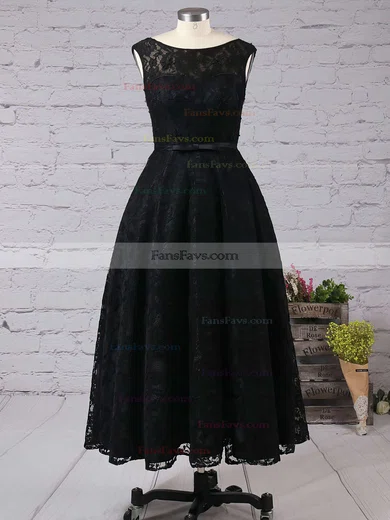 A-line Scoop Neck Lace Tea-length Sashes / Ribbons Short Prom Dresses #Favs020102877