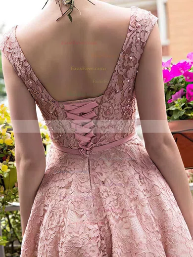 A-line Scoop Neck Lace Tea-length Sashes / Ribbons Short Prom Dresses #Favs020102877