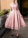 A-line Scoop Neck Lace Tea-length Sashes / Ribbons Short Prom Dresses #Favs020102877