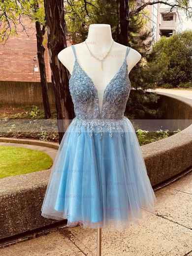 A-line V-neck Tulle Short/Mini Short Prom Dresses With Lace #Favs020020109909