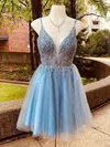 A-line V-neck Tulle Short/Mini Short Prom Dresses With Lace #Favs020020109909