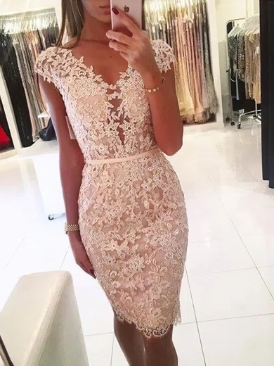 Sheath/Column V-neck Lace Tulle Short/Mini Appliques Lace Short Prom Dresses #Favs020020108988