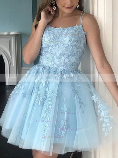 A-line Scoop Neck Lace Tulle Short/Mini Appliques Lace Short Prom Dresses #Favs020020108990