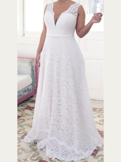 A-line V-neck Lace Floor-length Lace prom dress #Favs020106015