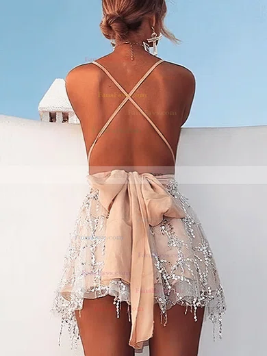 A-line V-neck Tulle Short/Mini Bow Short Prom Dresses #Favs020020108995