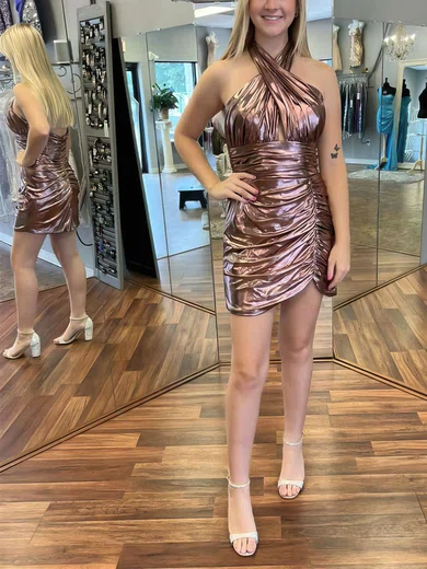 Sheath/Column V-neck Shimmer Crepe Short/Mini Short Prom Dresses With Ruffles #Favs020020110680