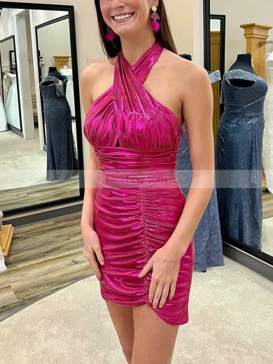 Sheath/Column V-neck Shimmer Crepe Short/Mini Short Prom Dresses With Ruffles #Favs020020110680