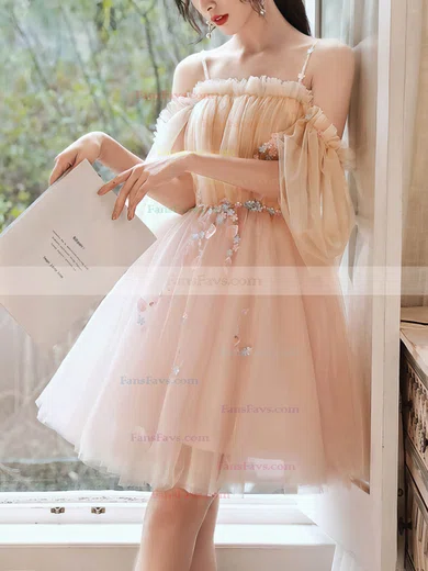 A-line Off-the-shoulder Tulle Knee-length Flower(s) Short Prom Dresses #Favs020020108997
