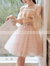 A-line Off-the-shoulder Tulle Knee-length Flower(s) Short Prom Dresses #Favs020020108997
