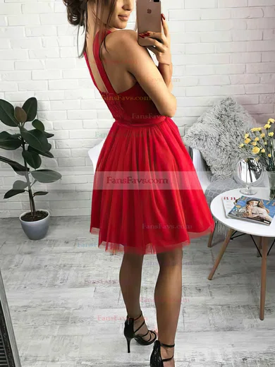 A-line V-neck Tulle Short/Mini Short Prom Dresses #Favs020020111309