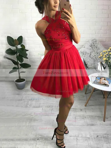 A-line V-neck Tulle Short/Mini Short Prom Dresses #Favs020020111309