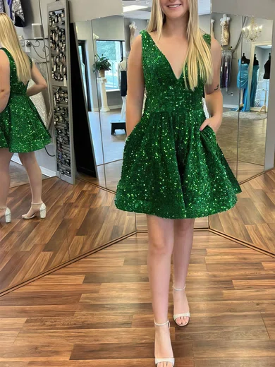 A-line V-neck Sequined Short/Mini Short Prom Dresses With Pockets #Favs020020110681