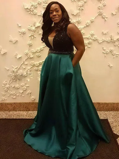 A-line V-neck Satin Floor-length Sashes / Ribbons prom dress #Favs020105951