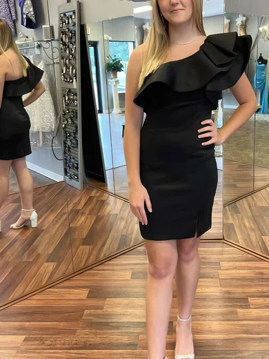 Sheath/Column One Shoulder Satin Short/Mini Short Prom Dresses With Split Front #Favs020020110683