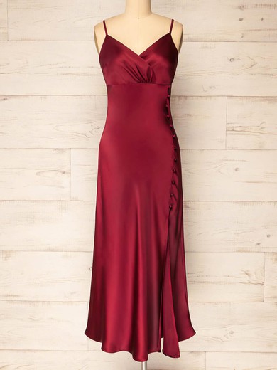 Sheath/Column V-neck Silk-like Satin Ankle-length Short Prom Dresses With Buttons #Favs020020109920