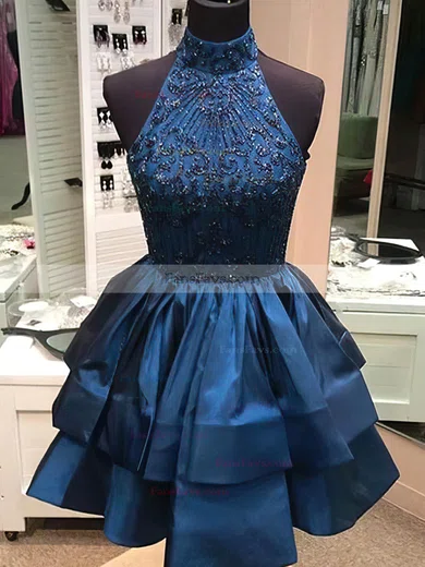 A-line High Neck Satin Short/Mini Beading Short Prom Dresses #Favs020020109001