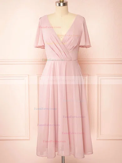 A-line V-neck Chiffon Tea-length Short Prom Dresses With Ruffles #Favs020020109921