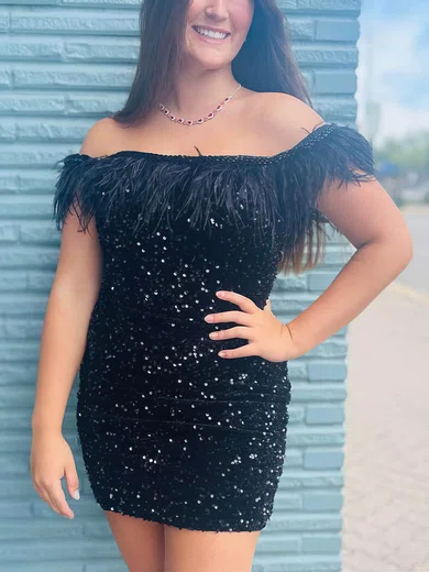 Sheath/Column Off-the-shoulder Sequined Short/Mini Short Prom Dresses With Feathers / Fur #Favs020020110688