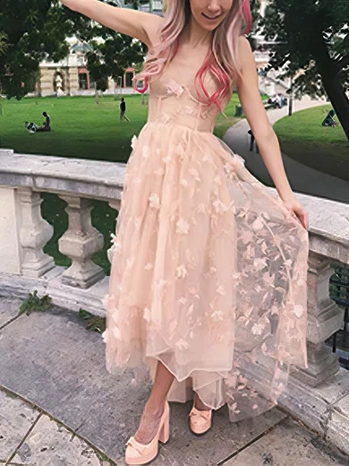 A-line V-neck Lace Tulle Ankle-length Short Prom Dresses With Appliques Lace #Favs020020111318