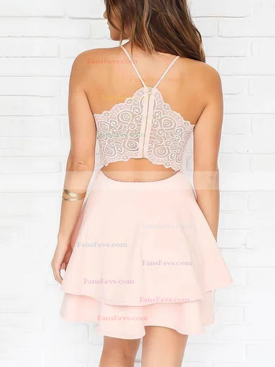 A-line V-neck Silk-like Satin Short/Mini Appliques Lace Short Prom Dresses #Favs020020109006