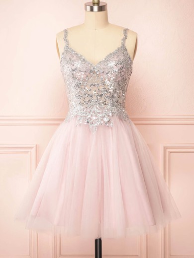 A-line V-neck Tulle Short/Mini Short Prom Dresses With Lace #Favs020020109925