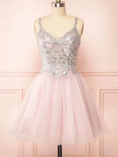 A-line V-neck Tulle Short/Mini Short Prom Dresses With Lace #Favs020020109925