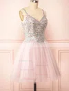 A-line V-neck Tulle Short/Mini Short Prom Dresses With Lace #Favs020020109925