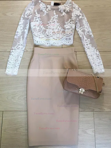 Sheath/Column Scoop Neck Jersey Knee-length Short Prom Dresses With Appliques Lace #Favs020020111320