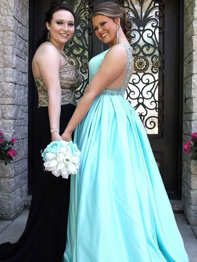 A-line V-neck Satin Floor-length Beading prom dress #Favs020105970