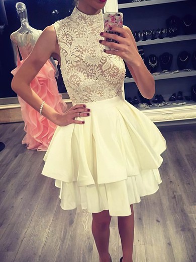 A-line High Neck Lace Satin Knee-length Short Prom Dresses With Tiered #Favs020020111321
