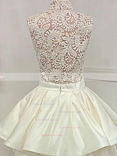 A-line High Neck Lace Satin Knee-length Short Prom Dresses With Tiered #Favs020020111321