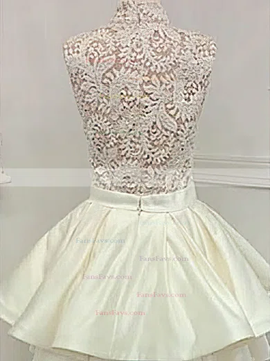 A-line High Neck Lace Satin Knee-length Short Prom Dresses With Tiered #Favs020020111321