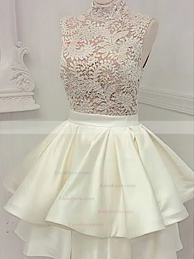 A-line High Neck Lace Satin Knee-length Short Prom Dresses With Tiered #Favs020020111321