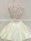 A-line High Neck Lace Satin Knee-length Short Prom Dresses With Tiered #Favs020020111321