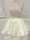 A-line High Neck Lace Satin Knee-length Short Prom Dresses With Tiered #Favs020020111321