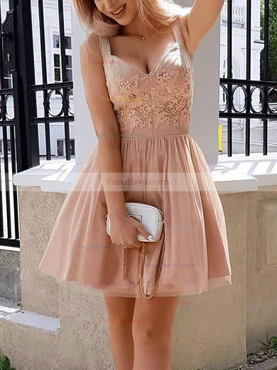 A-line V-neck Tulle Short/Mini Beading Short Prom Dresses #Favs020020109010