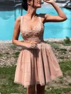 A-line V-neck Tulle Short/Mini Beading Short Prom Dresses #Favs020020109010