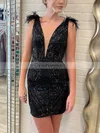 Sheath/Column V-neck Sequined Short/Mini Short Prom Dresses With Feathers / Fur #Favs020020110693