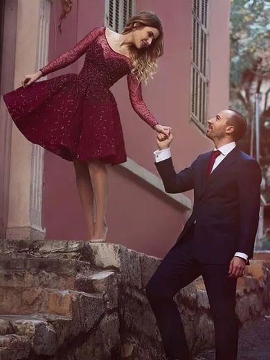 A-line Scoop Neck Lace Knee-length Beading Short Prom Dresses #Favs020020109013