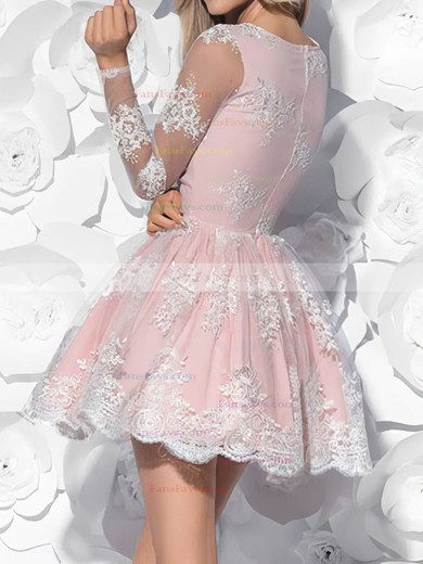 A-line V-neck Lace Tulle Short/Mini Short Prom Dresses With Appliques Lace #Favs020020111327