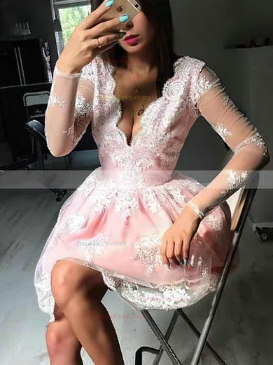 A-line V-neck Lace Tulle Short/Mini Short Prom Dresses With Appliques Lace #Favs020020111327