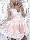 A-line V-neck Lace Tulle Short/Mini Short Prom Dresses With Appliques Lace #Favs020020111327