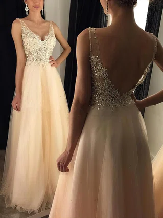 Princess V-neck Tulle Floor-length Appliques Lace Prom Dresses #Favs020102889 Princess V-neck Tulle Floor-length Appliques Lace Prom Dresses #Favs020102889